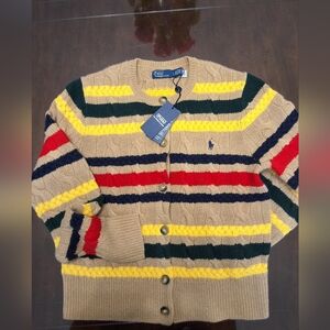Ralph LaurenS Striped Cable Wool-Cashmere Cardigan, Size LG
